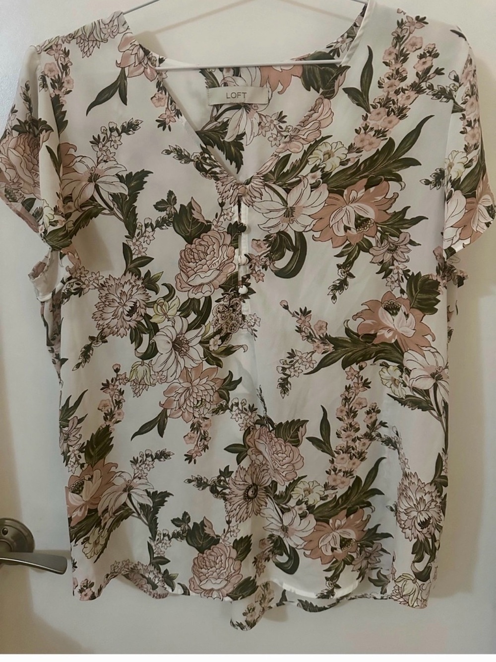 LOFT Cream Floral Short-Sleeve Blouse with Pink and Green Accents